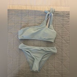 Shein one shoulder light blue ribbed bikini